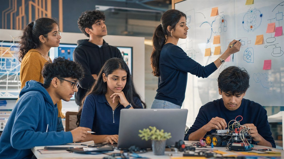 Indian students learning AI concepts verification and project building together