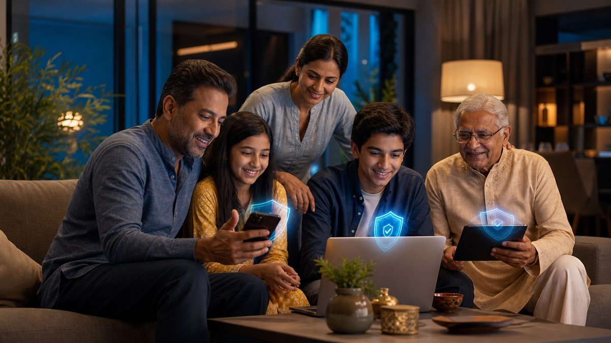 Indian family reviewing security settings together on household devices
