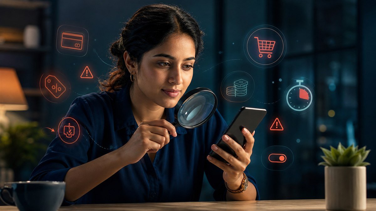 Indian consumer examining manipulative app checkout cues with a magnifying glass