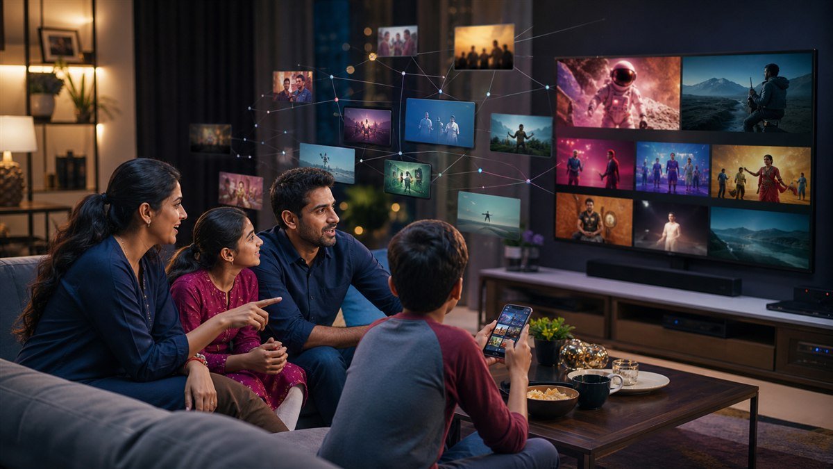 Indian family discussing streaming choices surrounded by abstract recommendations