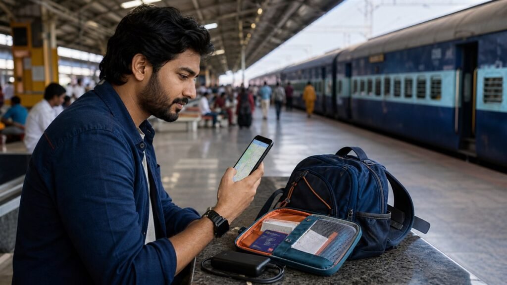 Indian traveller preparing offline maps power bank and document backups at a station