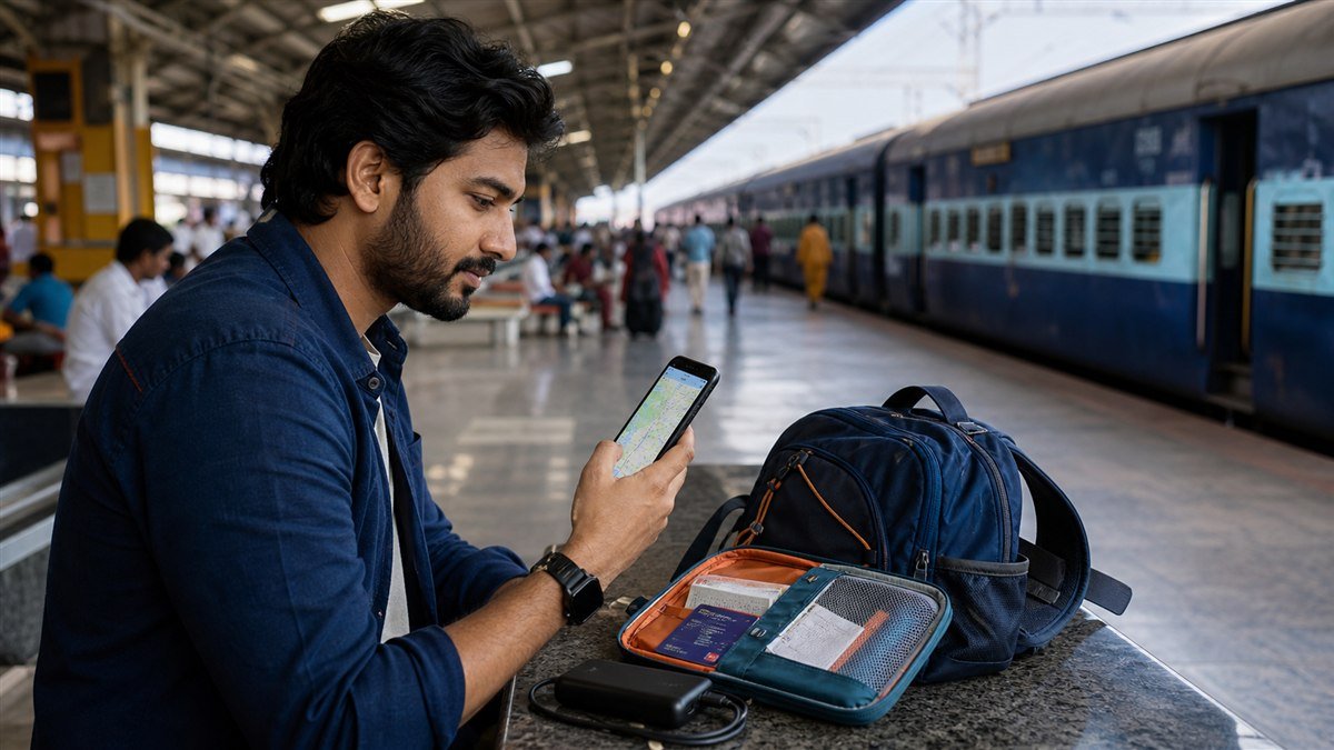 Indian traveller preparing offline maps power bank and document backups at a station